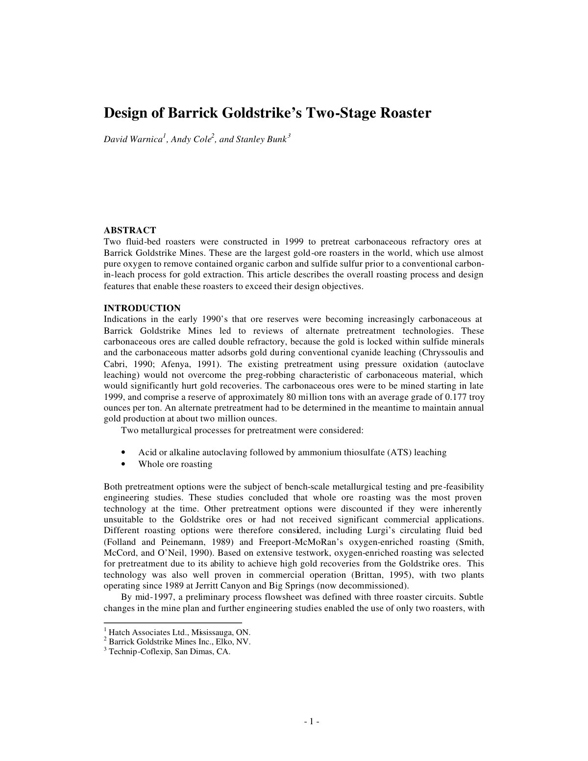 First page of HP0000452 (Design of Barrick Goldstrike's Two Stage Roaster)