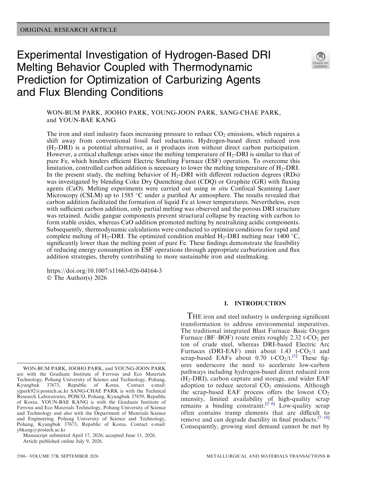 First page of 2026 Park Hydrogen DRI Melting Behavior