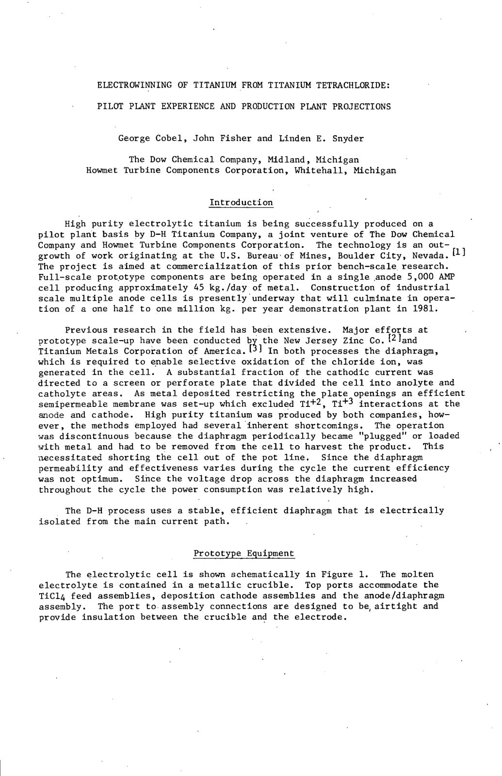 First page of 1980 Vol 3. 3 Electrowinning of Titanium from Titanium George Cobel