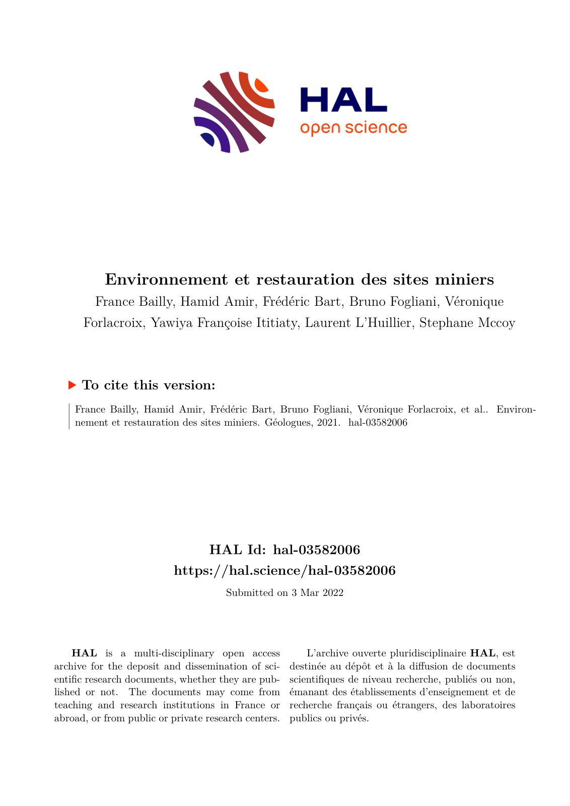 First page of Environnement et restauration des sites miniers
