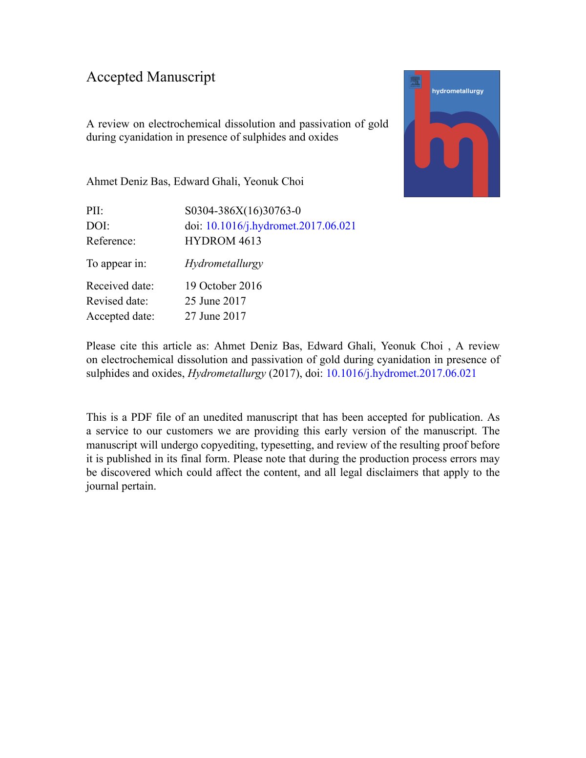 First page of 655883476 A review on electrochemical dissolution and passivation of gold during cyanidation in presence of sulphides and oxides