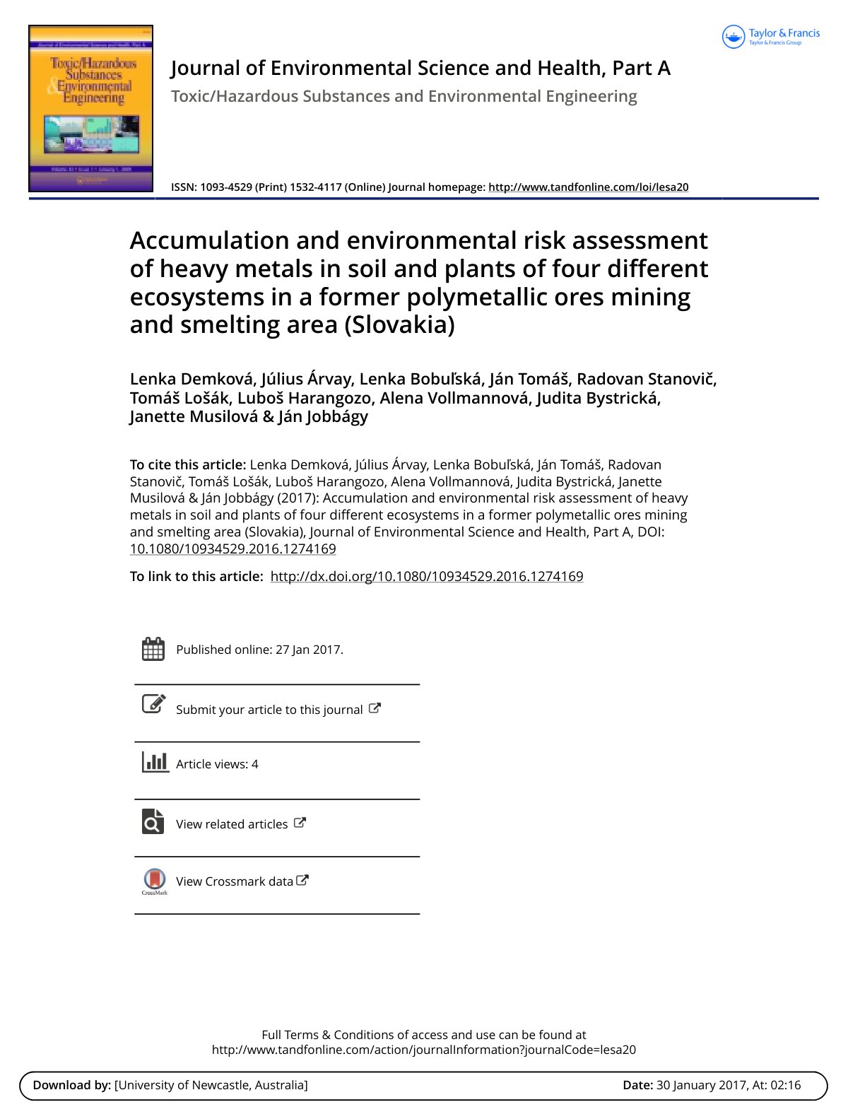 First page of Accumulation and environmental risk assessment of heavy metals in soil and plants of four different ecosystems in a former polymetallic ores mining and smelting area (Slovakia)