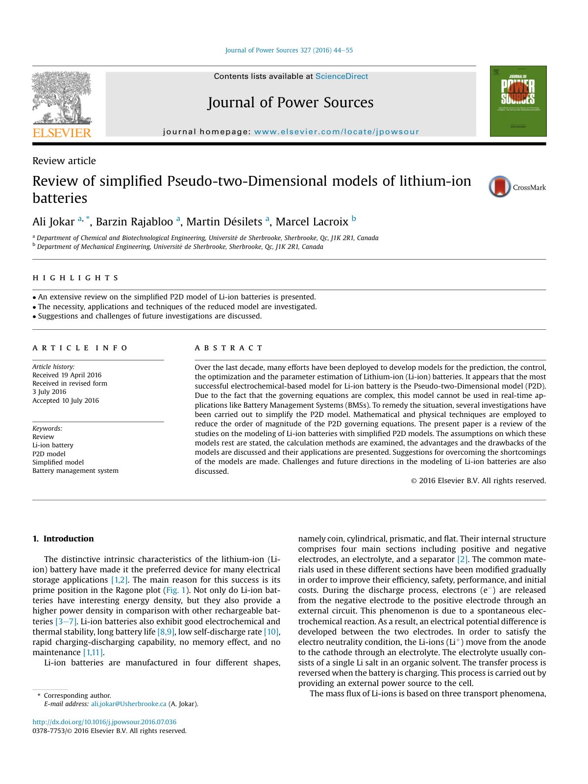 First page of Review of simpliﬁed Pseudo-two-Dimensional models of lithium-ion batteries