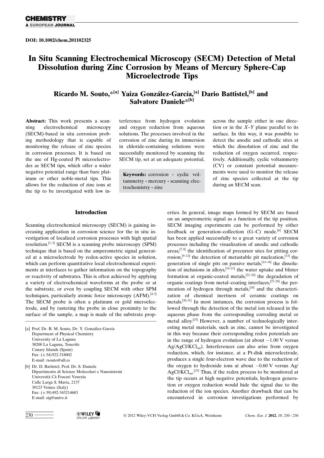 First page of In Situ Scanning Electrochemical Microscopy (SECM) Detection of Metal Dissolution during Zinc Corrosion by Means of Mercury Sphere-Cap Microelectrode Tips