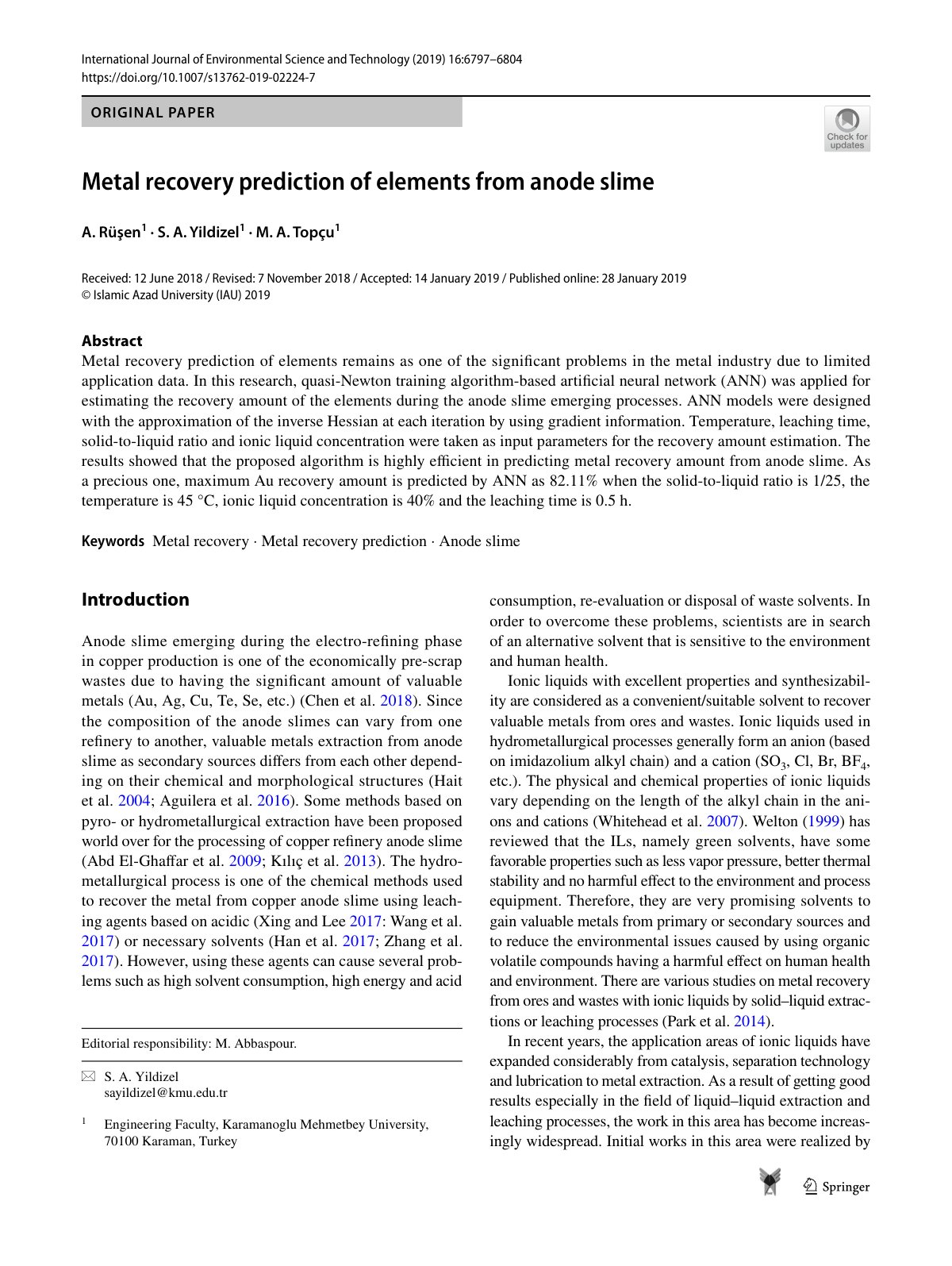 First page of Metal recovery prediction of elements fr