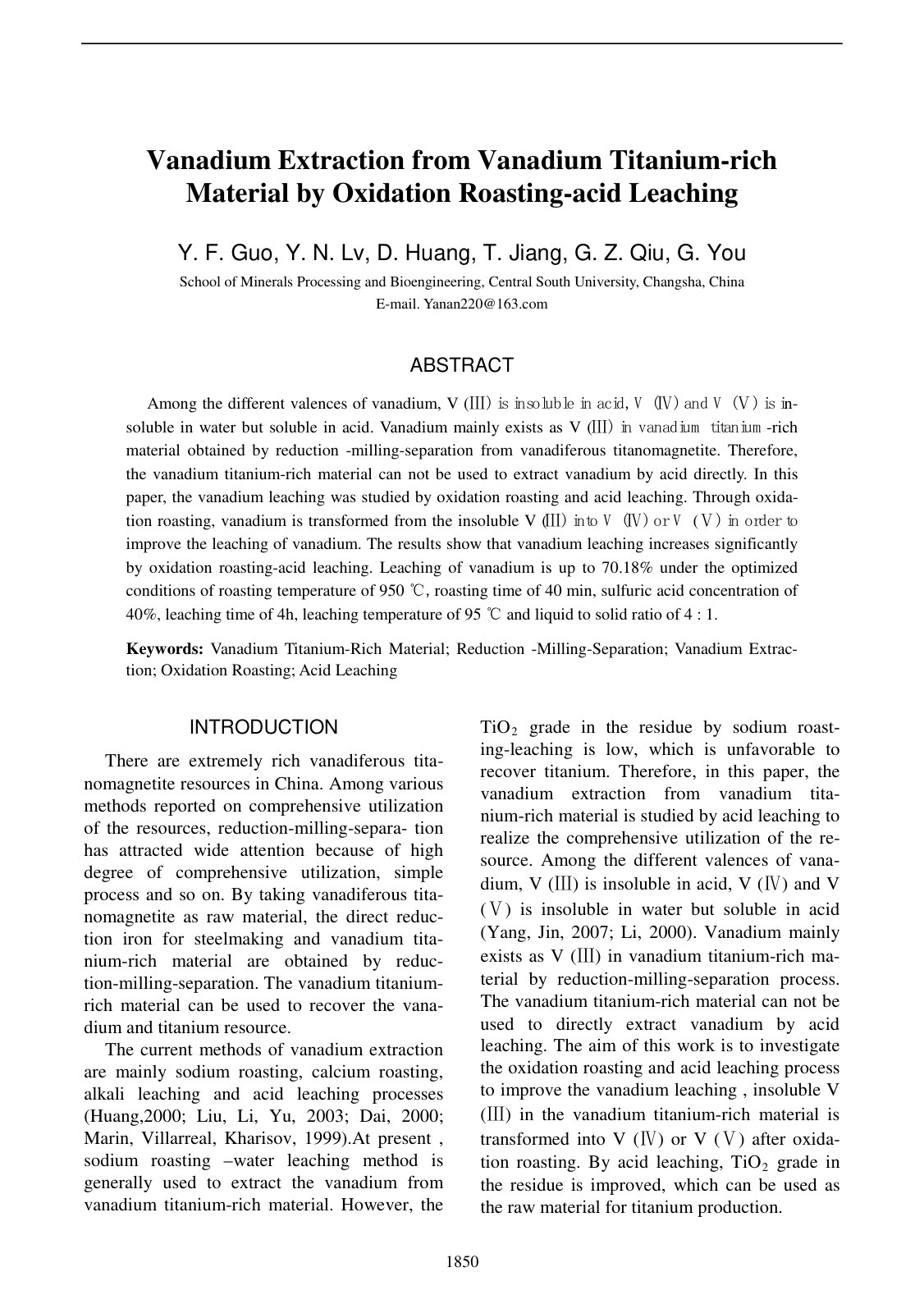 First page of Vanadium Extraction from Vanadium Titanium-rich Material by Oxidation Roasting-acid Leaching