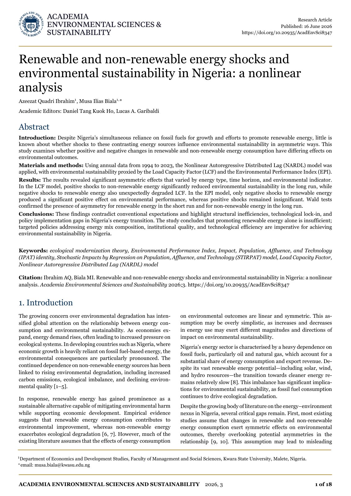 First page of Renewable and non-renewable energy shocks and environmental sustainability in Nigeria: a nonlinear analysis
