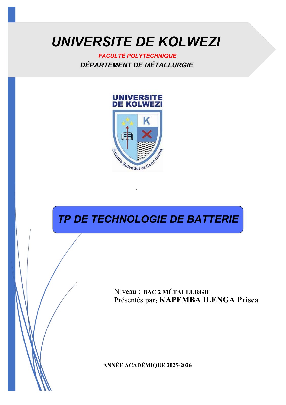 First page of TP DE TECHNOLOGIE DE BATTERIE