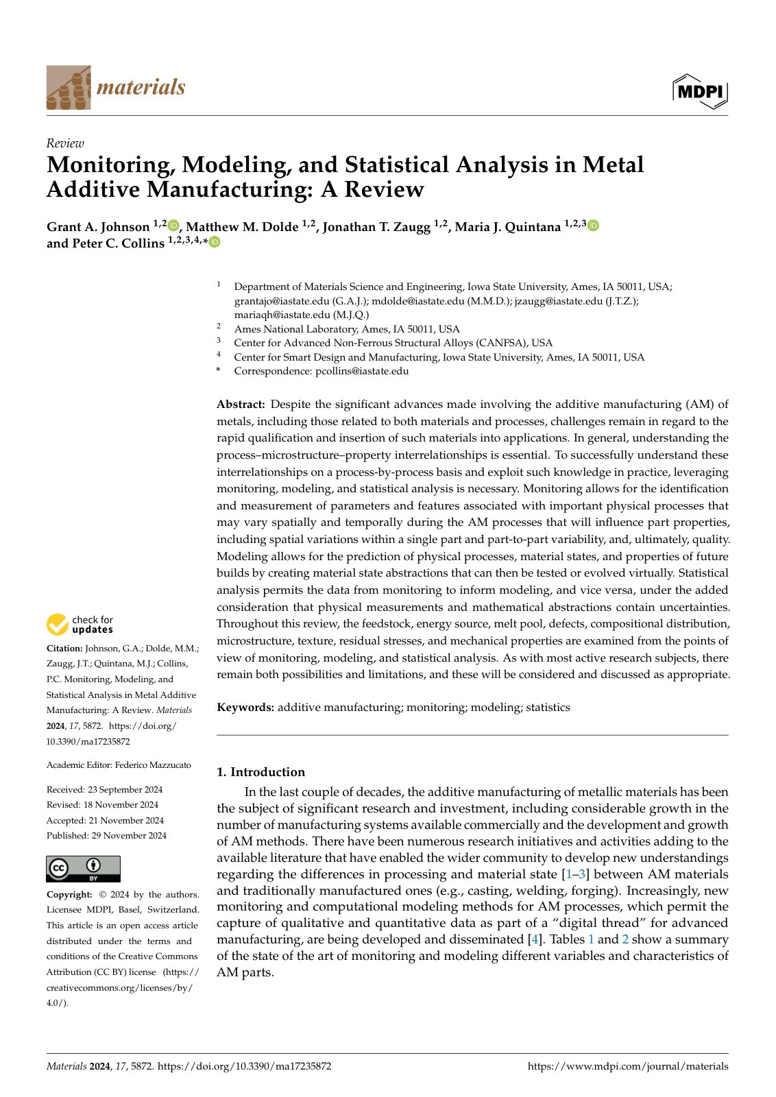 First page of Monitoring, Modeling, and Statistical Analysis in Metal Additive Manufacturing: A Review