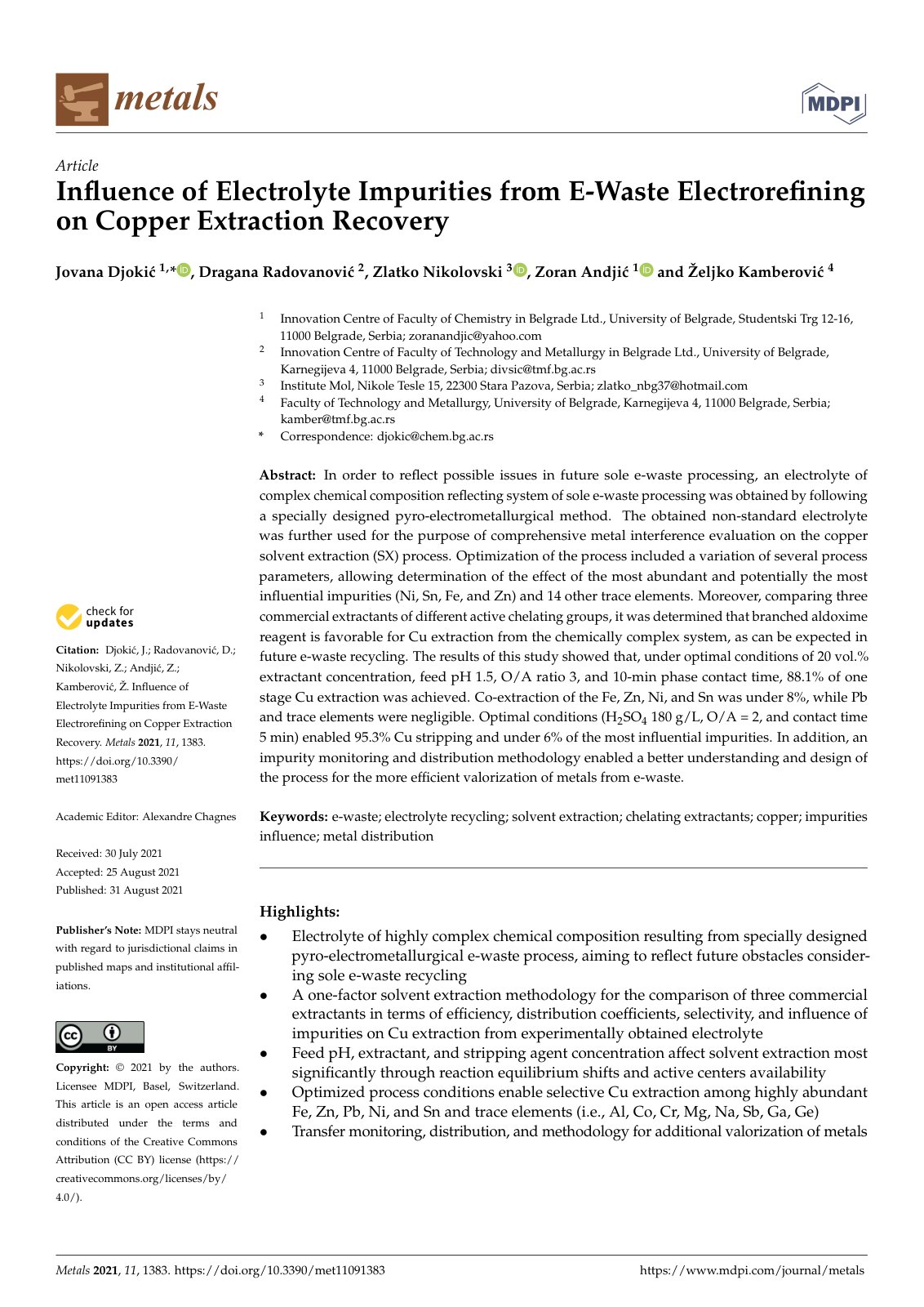 First page of Influence of Electrolyte Impurities from E-Waste Electrorefining on Copper Extraction Recovery