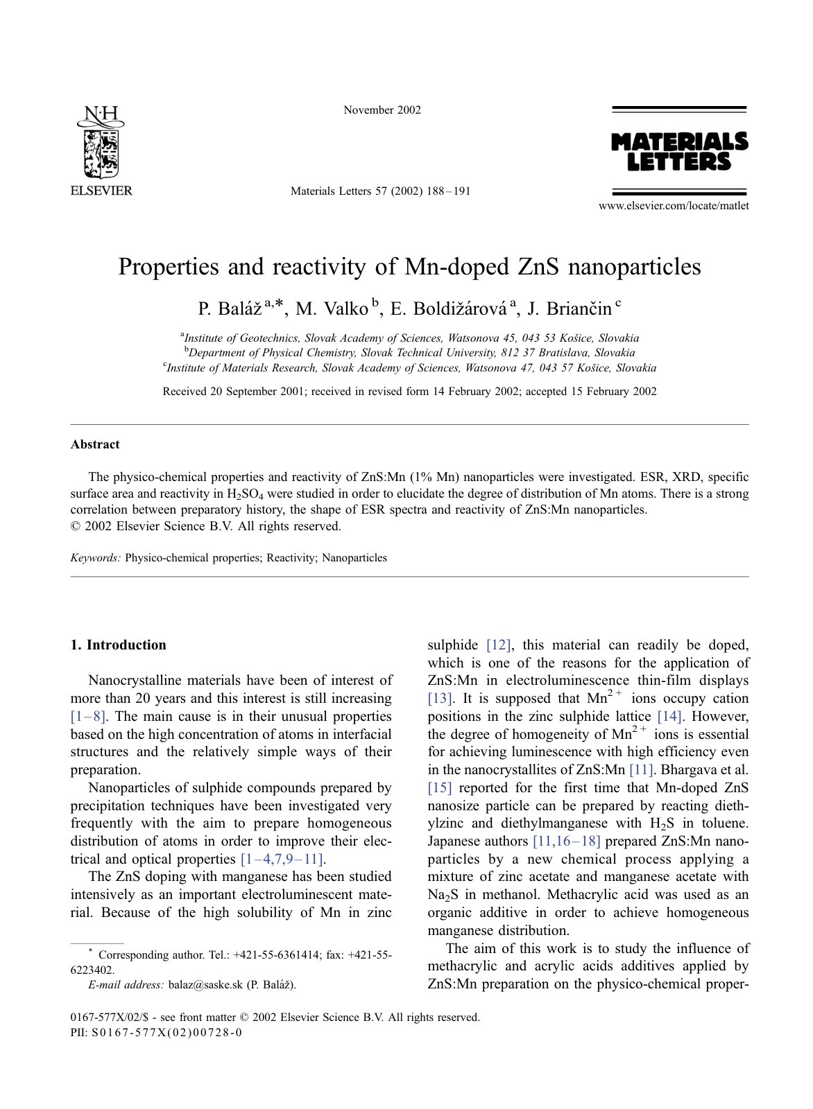 First page of Properties and reactivity of Mn-doped ZnS nanoparticles