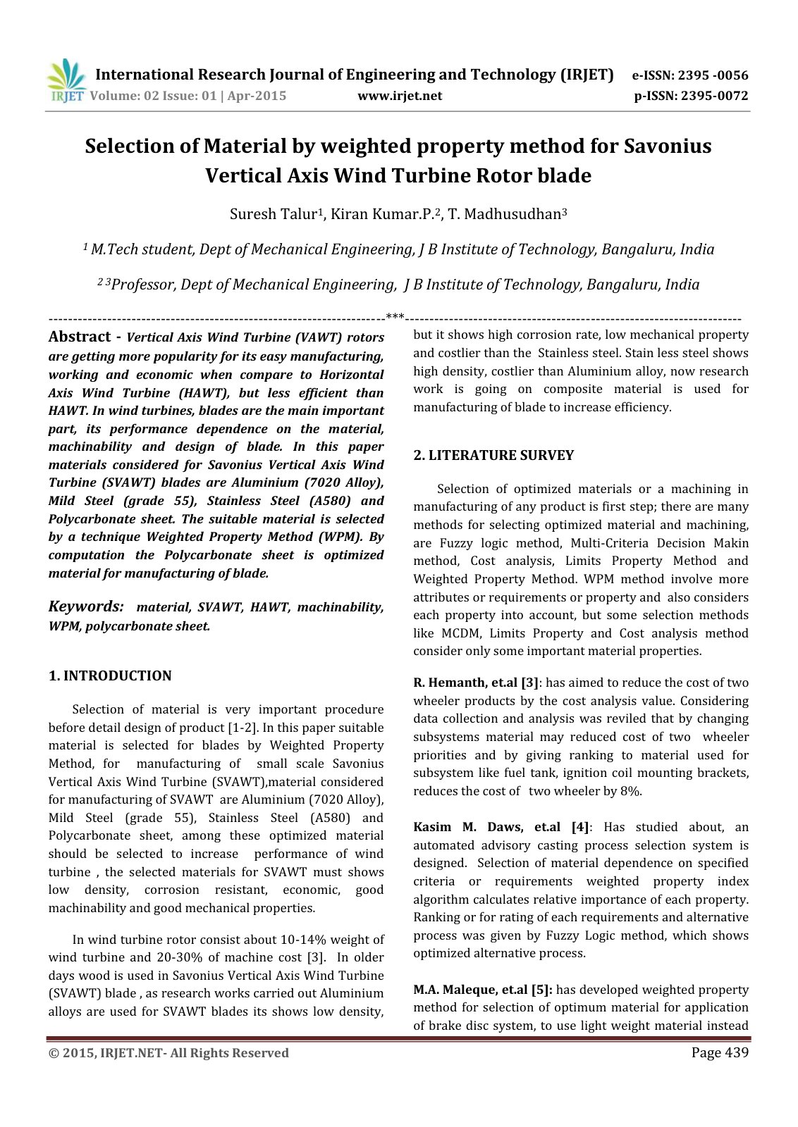 First page of Selection of Material by weighted property method for Savonius Vertical Axis Wind Turbine Rotor blade