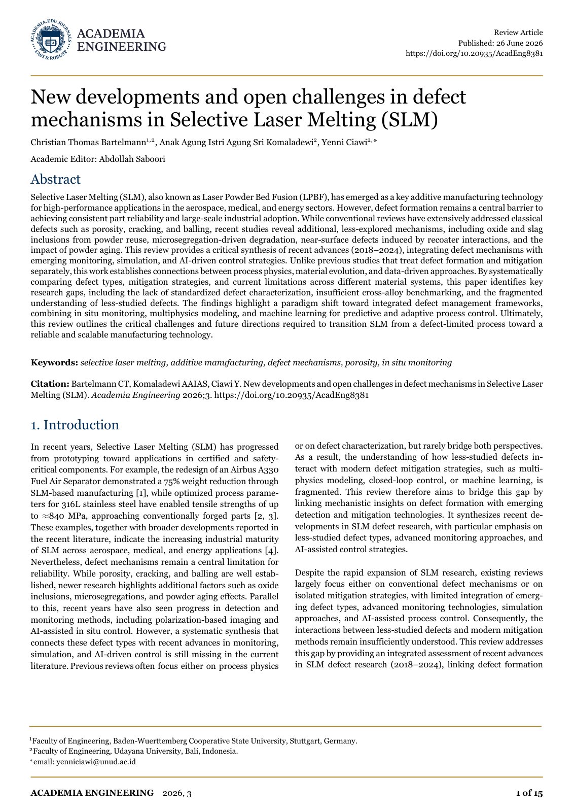 First page of New developments and open challenges in defect mechanisms in Selective Laser Melting (SLM)