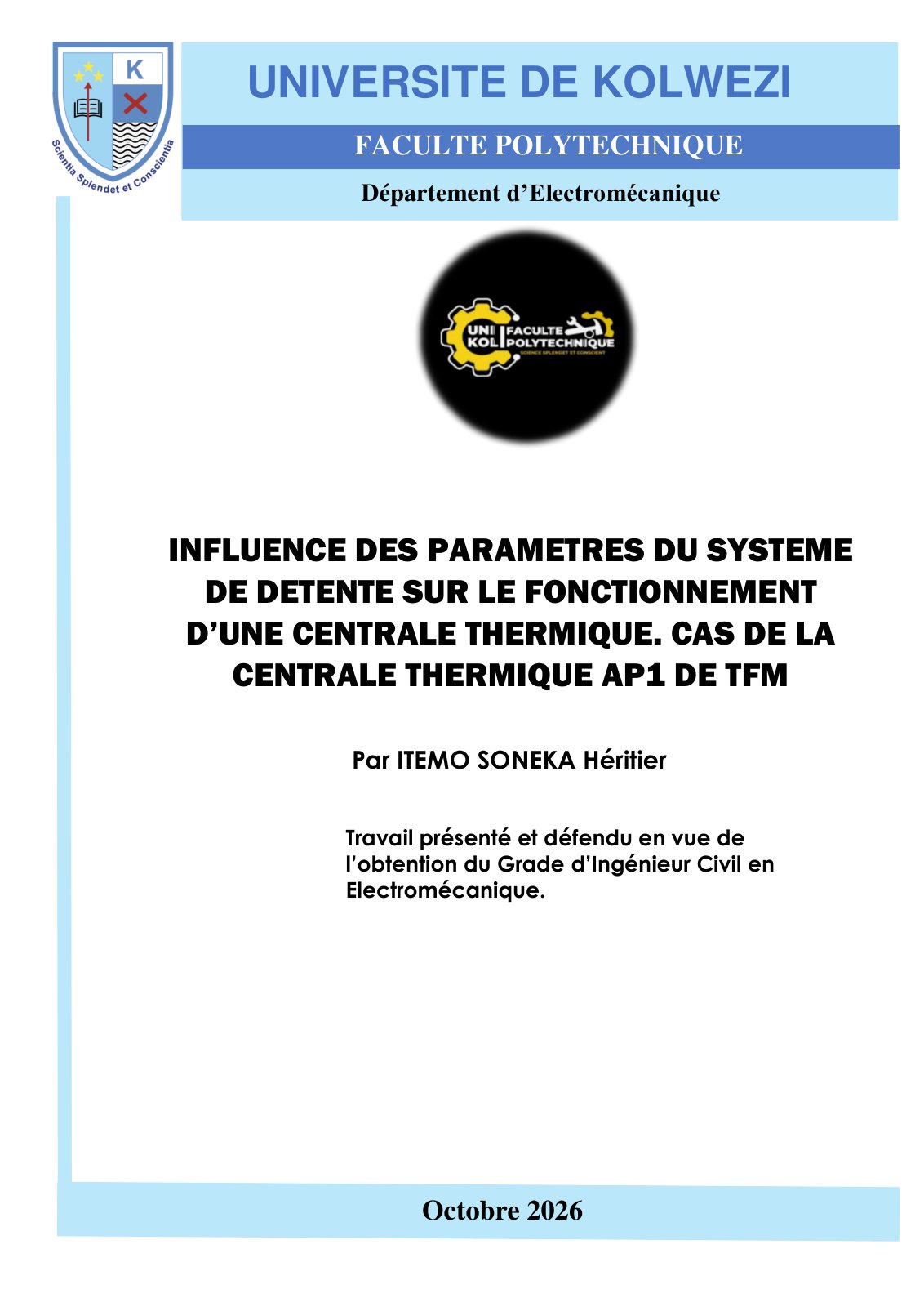 First page of INFLUENCE DES PARAMETRES DU SYSTEME DE DETENTE SUR LE FONCTIONNEMENT D’UNE CENTRALE THERMIQUE. CAS DE LA CENTRALE THERMIQUE AP1 DE TFM