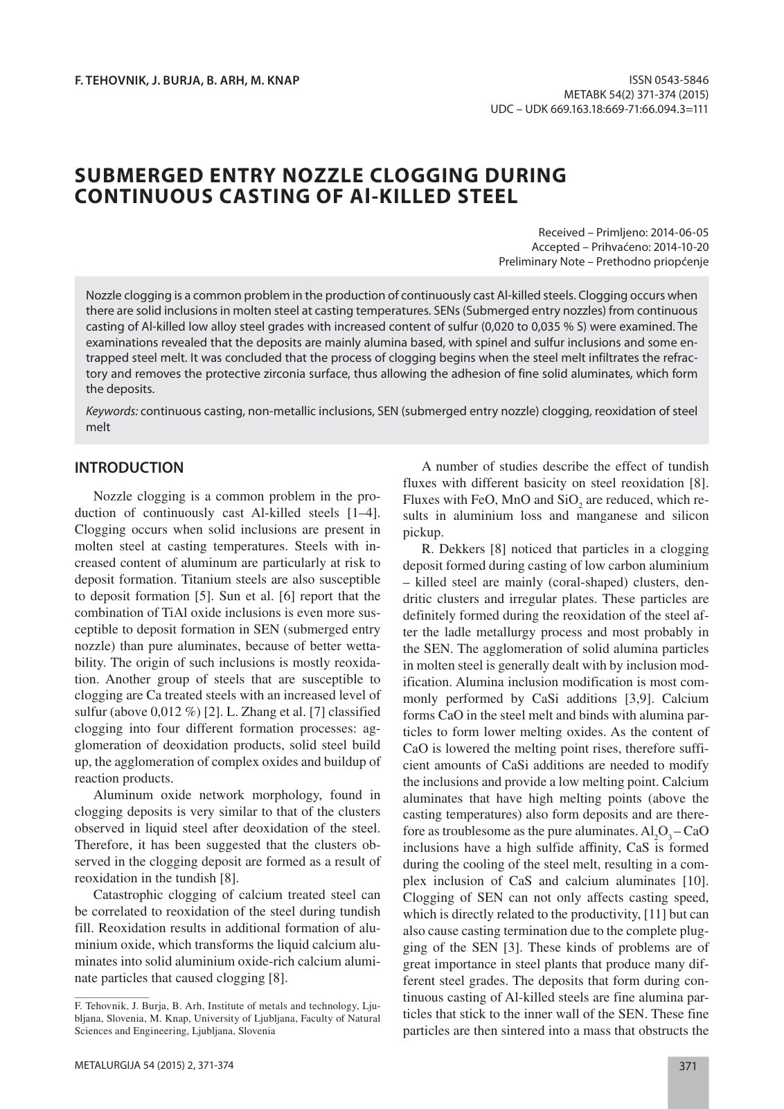 First page of SUBMERGED ENTRY NOZZLE CLOGGING DURING C