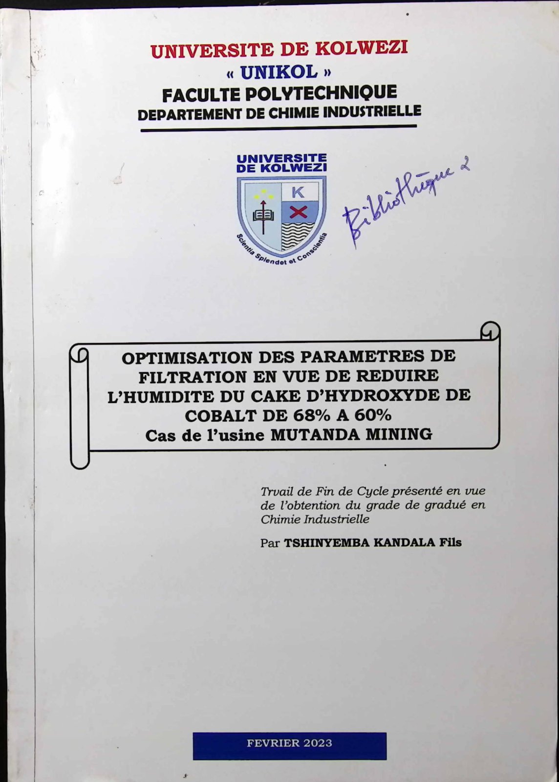 First page of OPTIMISATION DES PARAMETRES DE FILTRATION EN VUE DE REDUIRE L’HUMIDITE DU CAKE D’HYDROXYDE DE COBALT DE 68% A 60%
