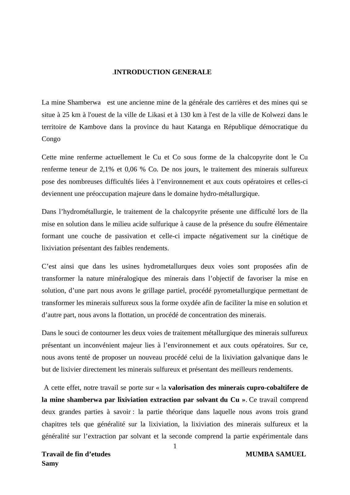 First page of Valorisation des minerais cupro-cobaltifères de la mine Shamberwa par lixiviation extraction par solvant du Cu