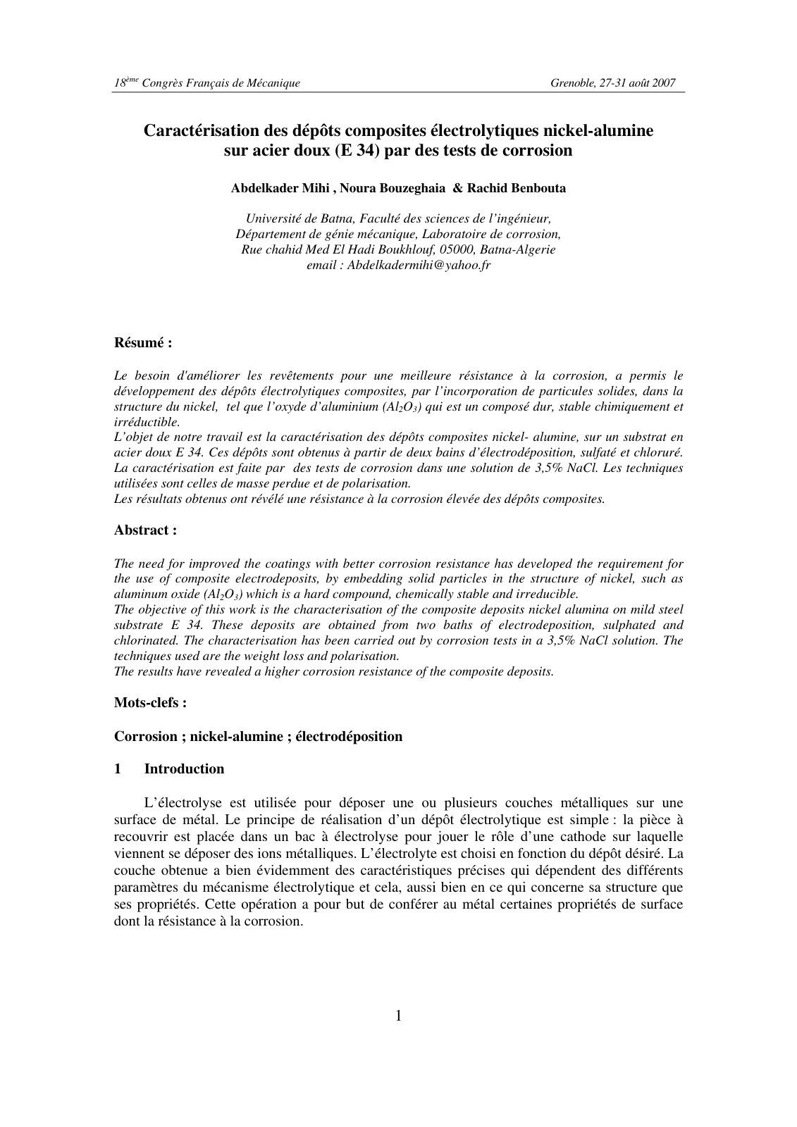 First page of Caracterisation des depots composites el