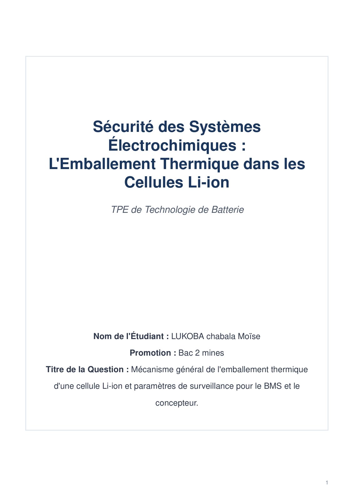 First page of Sécurité des Systèmes Électrochimiques : L 'Emballement Thermique dans les Cellules Li-ion