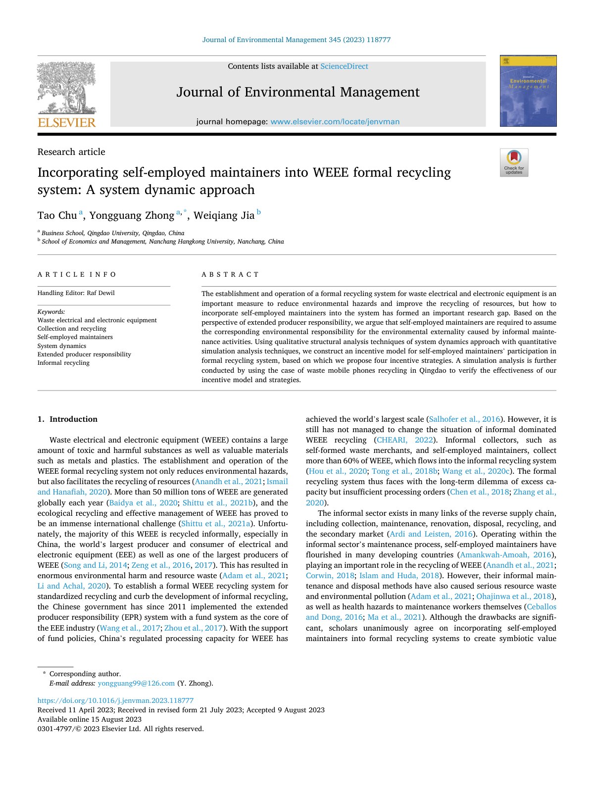 First page of Incorporating self employed maintainers into WEEE fo 2023 Journal of Environ