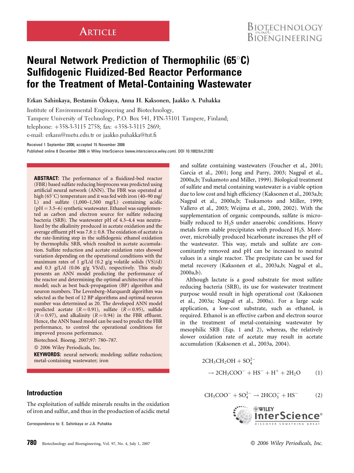 First page of Neural Network Prediction of Thermophilic (658C) Sulﬁdogenic Fluidized-Bed Reactor Performance for the Treatment of Metal-Containing Wastewater