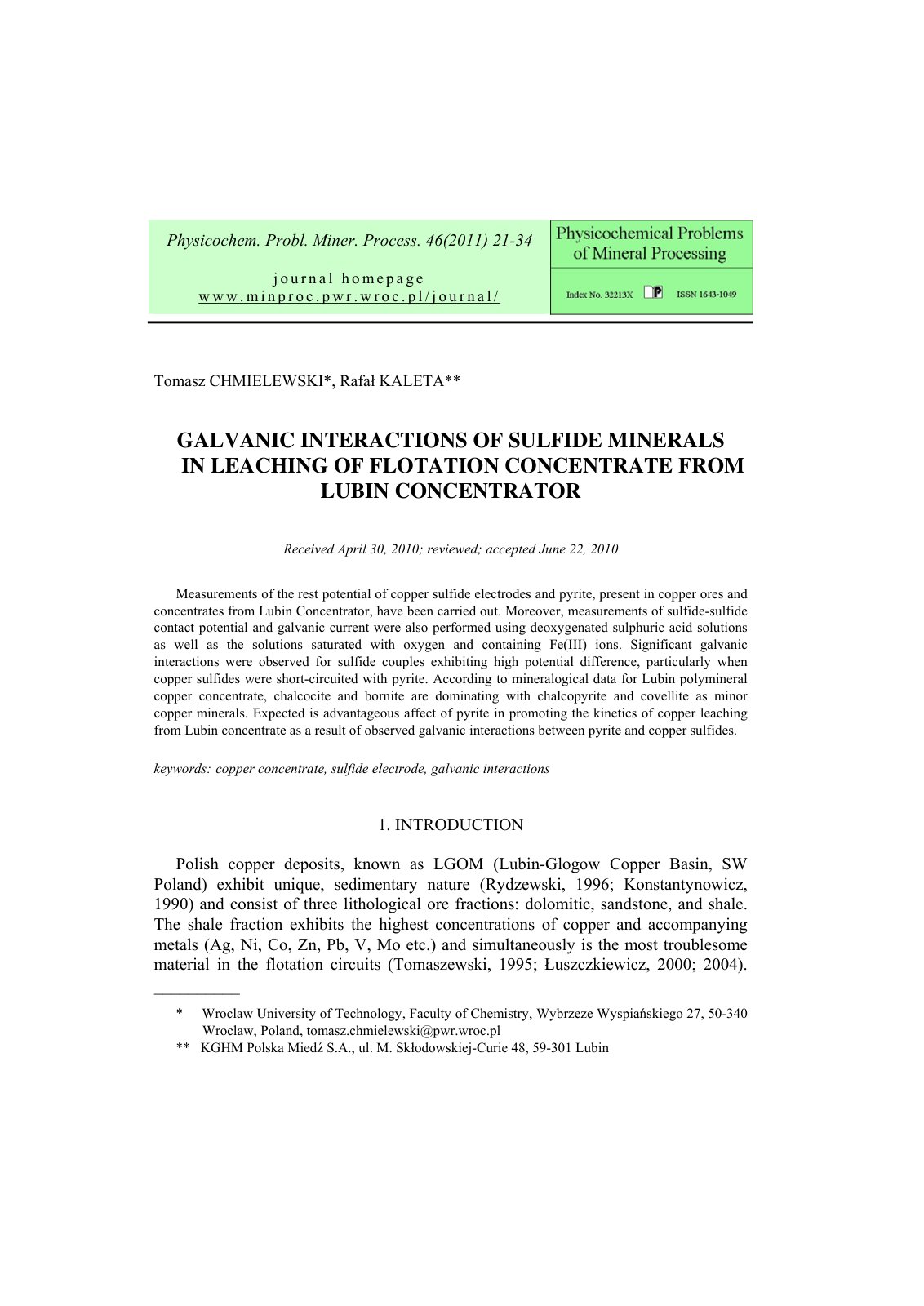 First page of Galvanic interactions of sulfide minerals in leaching of flotation concentrate from Lubin concentrator