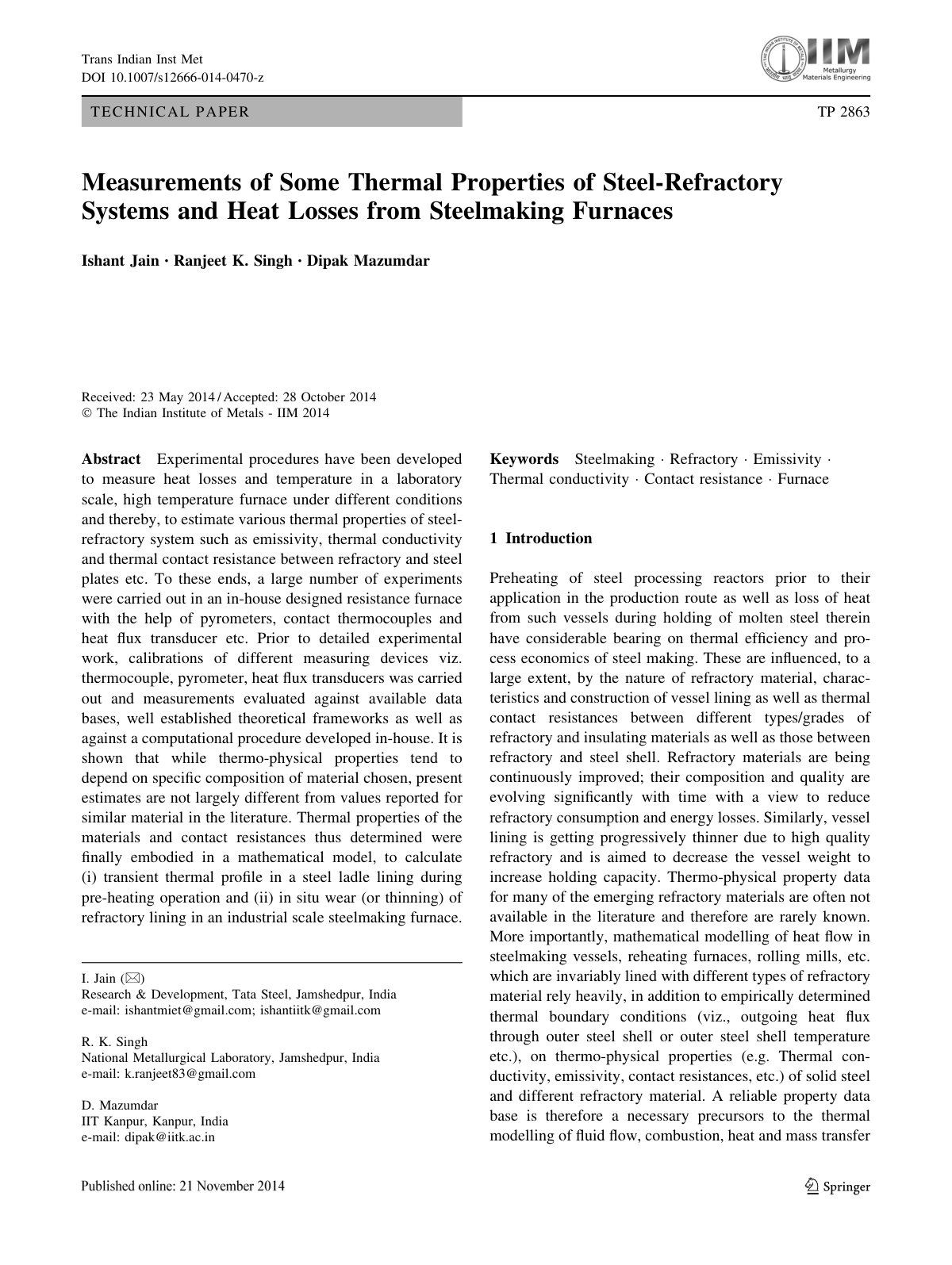 First page of Measurements of Some Thermal Properties