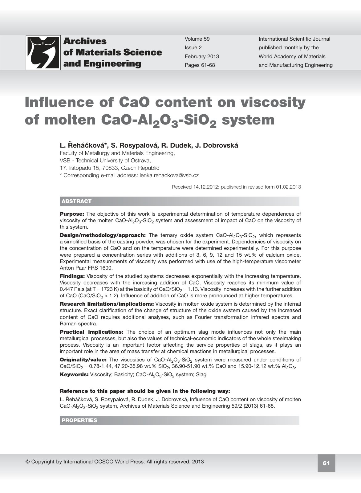 First page of Influence of CaO content on viscosity of