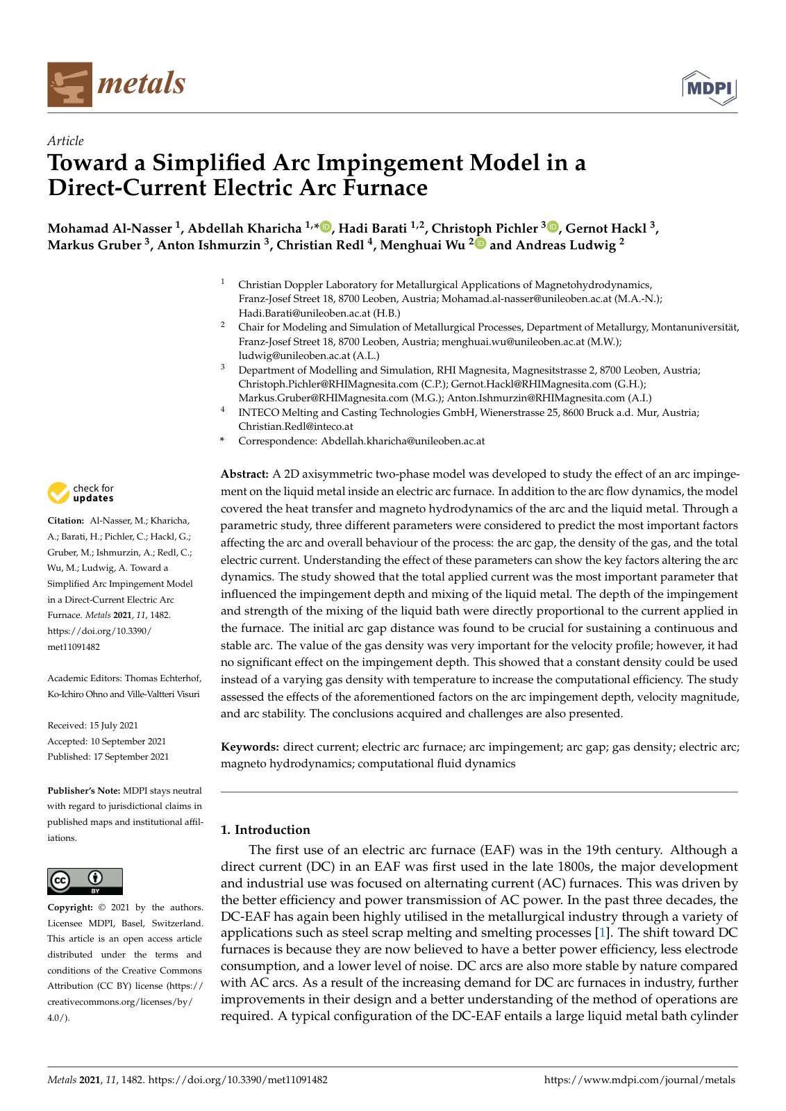 First page of Toward a Simpliﬁed Arc Impingement Model in a Direct-Current Electric Arc Furnace