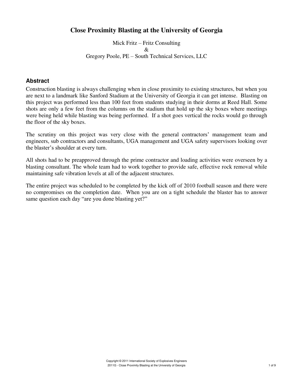 First page of Close Proximity Blasting at the University of Georgia