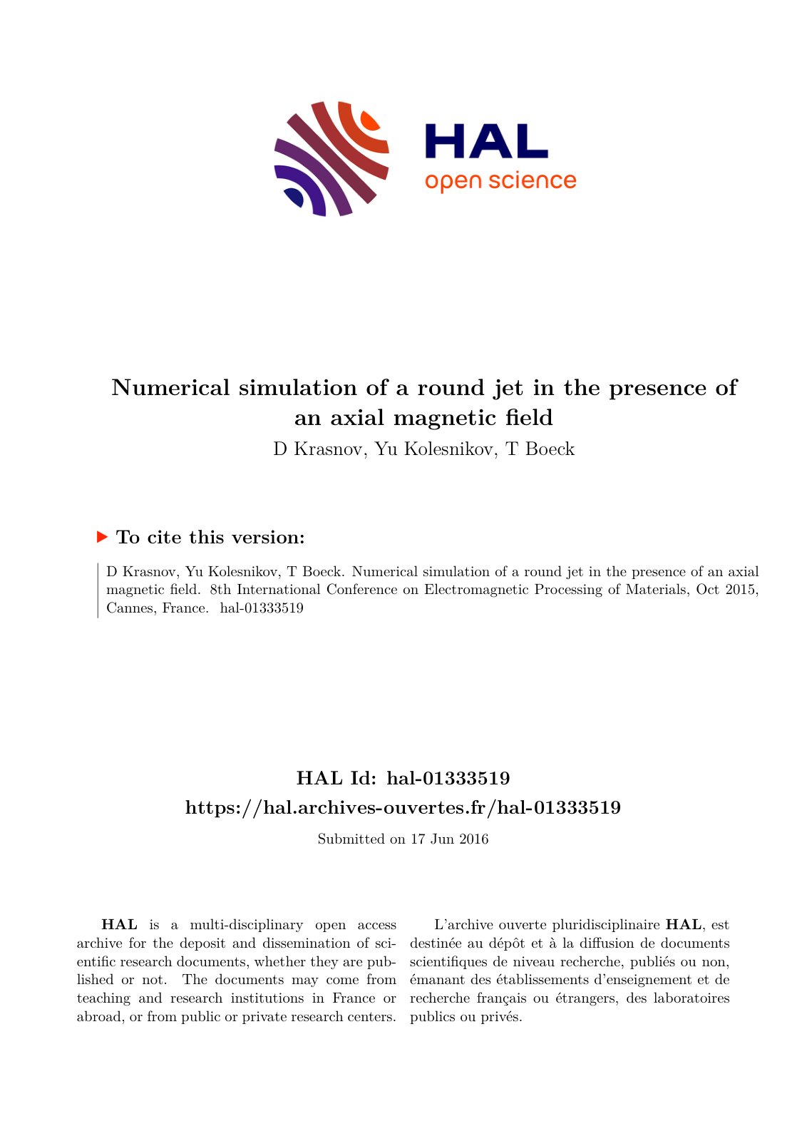 First page of Numerical simulation of a round jet in t
