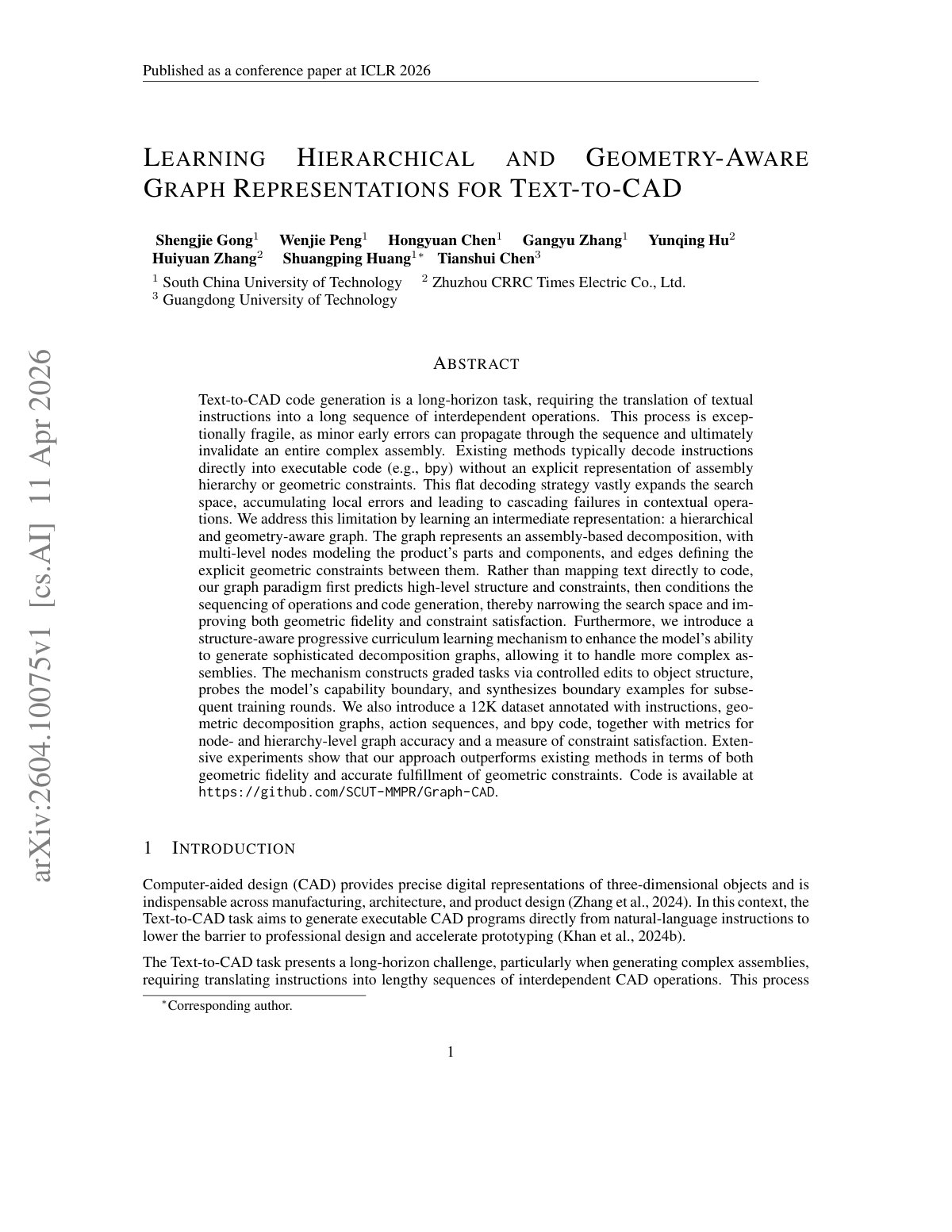 First page of 2026 Gong Geometry Aware Graph Text to CAD