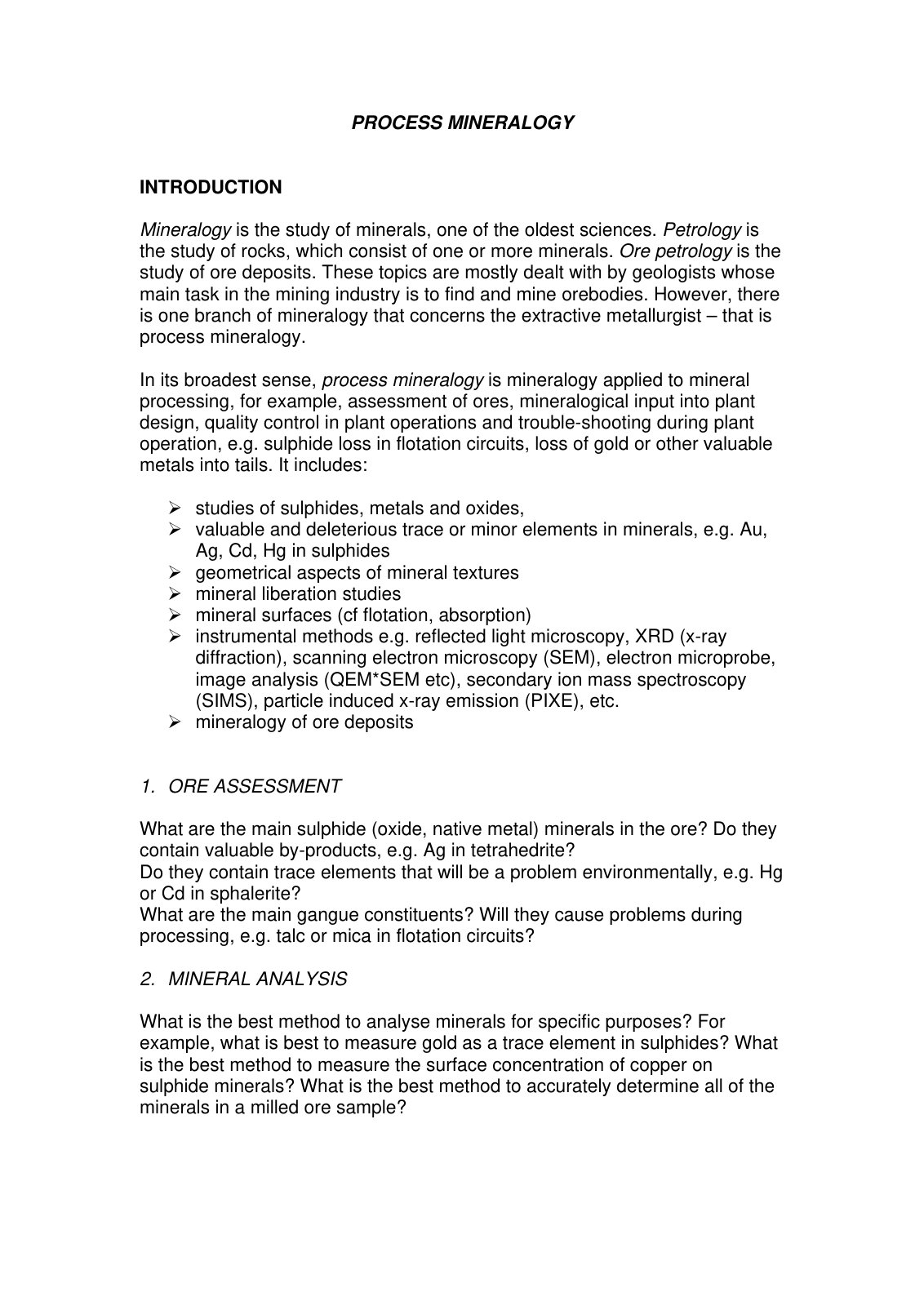 First page of Lec 1 PROCESS MINERALOGY   INTRODUCTION