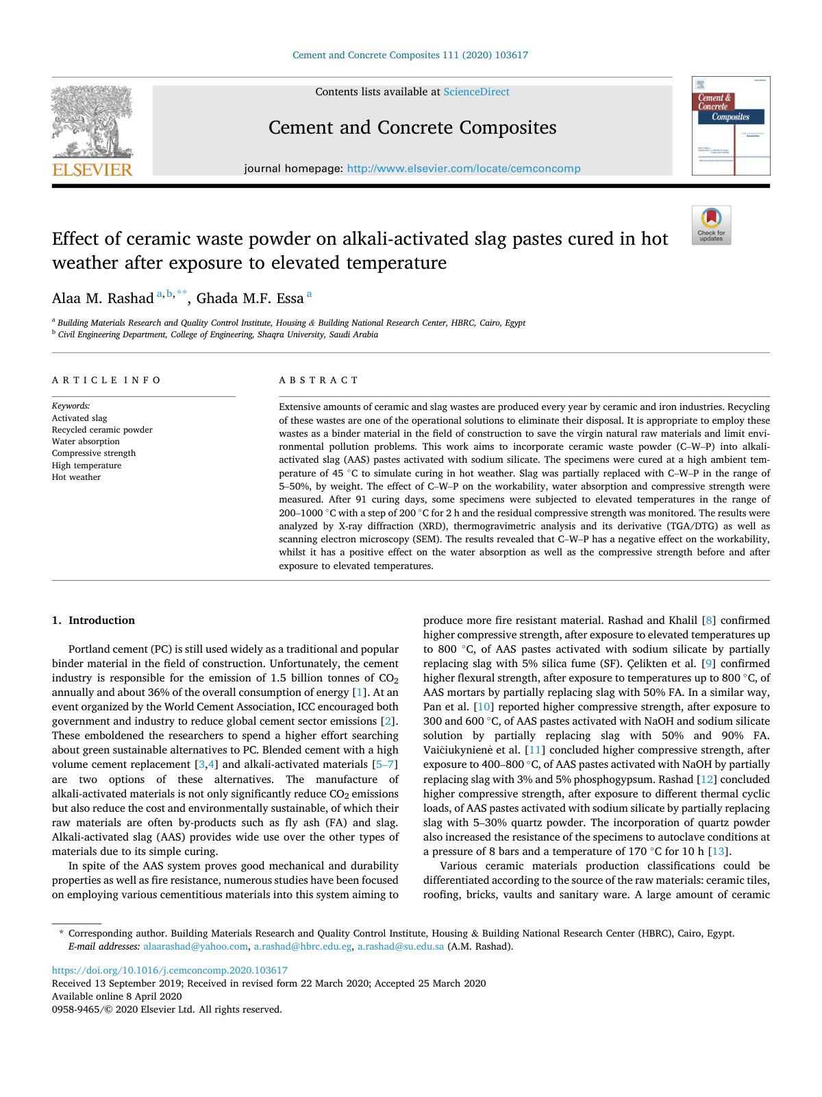 First page of Effect of ceramic waste powder on alkali-activated slag pastes cured in hot weather after exposure to elevated temperature
