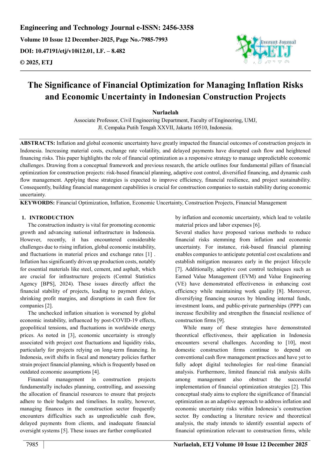 First page of The Significance of Financial Optimization for Managing Inflation Risks  and Economic Uncertainty in Indonesian Construction Projects  