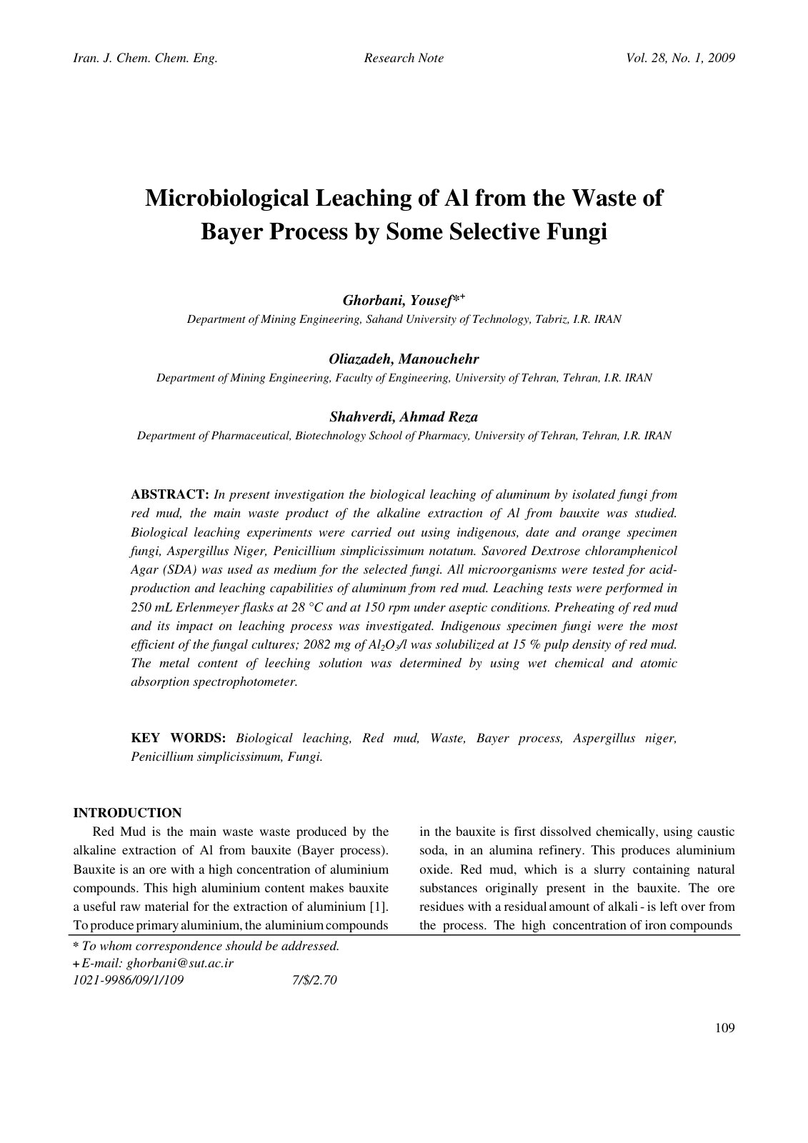 First page of Microbiological Leaching of Al from the Waste of Bayer Process by Some Selective Fungi