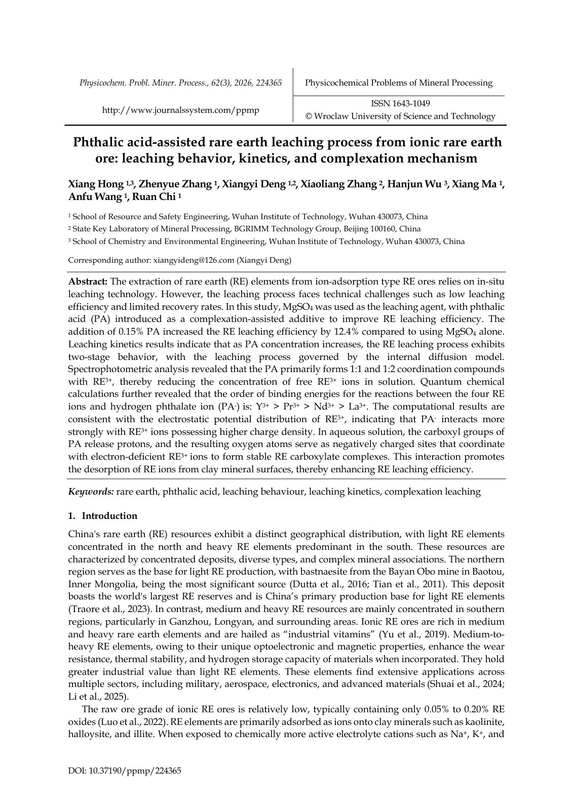 First page of Phthalic acid-assisted rare earth leaching process from ionic rare earth ore: leaching behavior, kinetics, and complexation mechanism