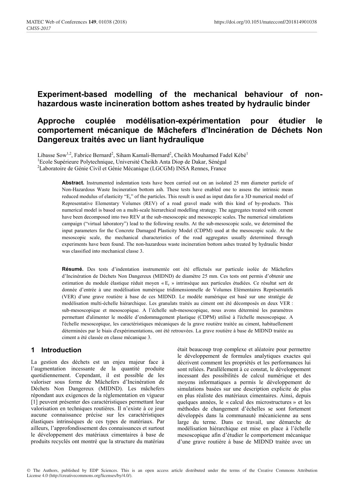 First page of Experiment-based modelling of the mechanical behaviour of non -hazardous waste incineration bottom ashes treated by hydraulic binder: Approche couplée modélisation -expérimentation pour étudier le comportement mécanique de Mâchefers d’Incinération de Déchets Non Dangereux traités avec un liant hydraulique