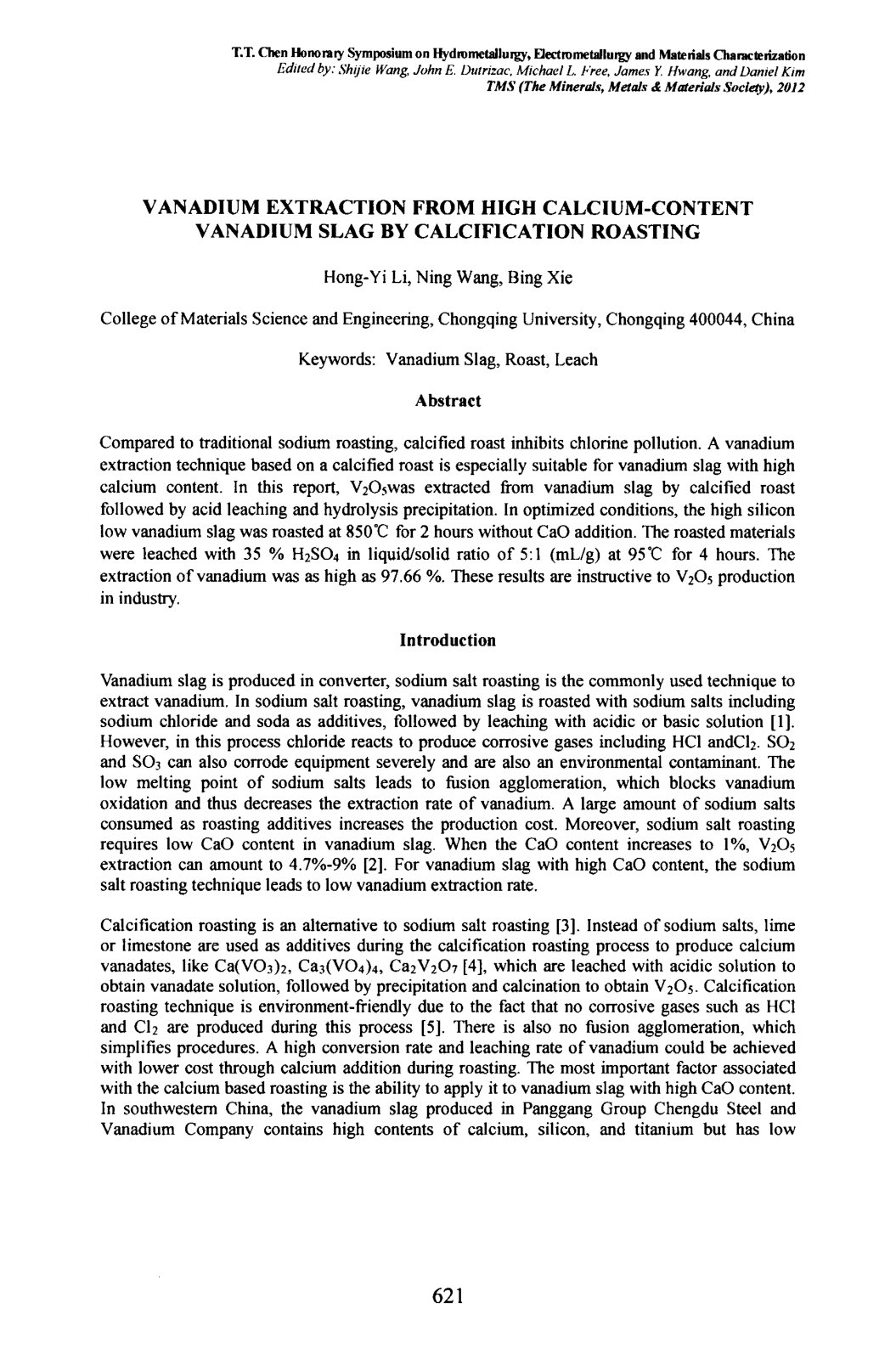 First page of Vanadium Extraction from High Calcium-Content Vanadium Slag by Calcification Roasting