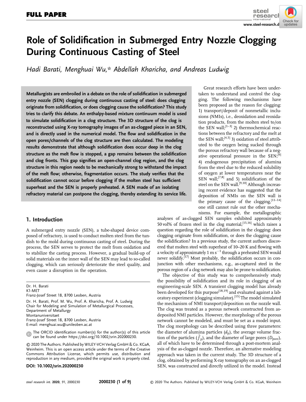 First page of Role of Solidification in Submerged Entr