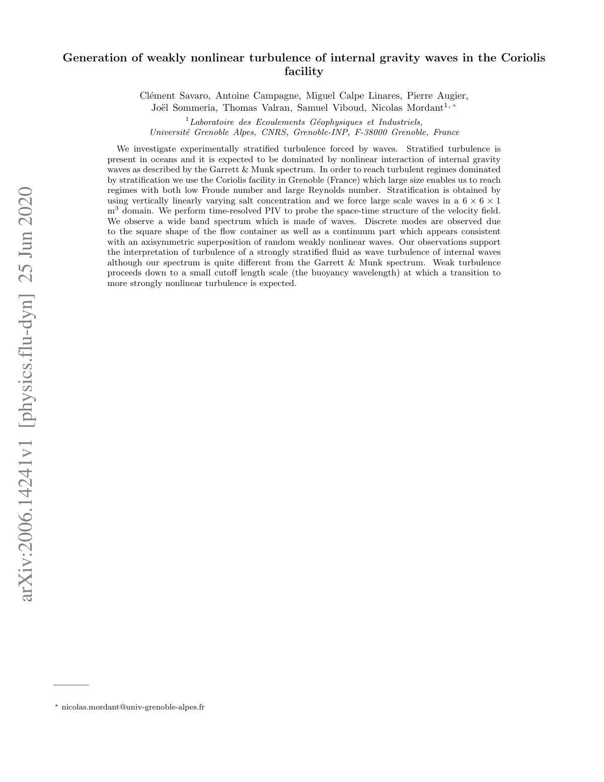 First page of Generation of weakly nonlinear turbulence of internal gravity waves inthe Coriolis facility