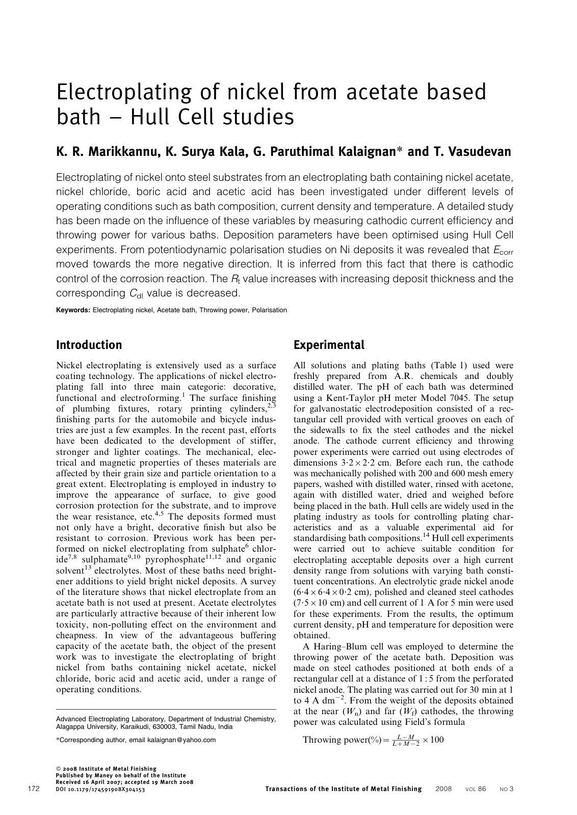 First page of Electroplating of nickel from acetate based bath – Hull Cell studies