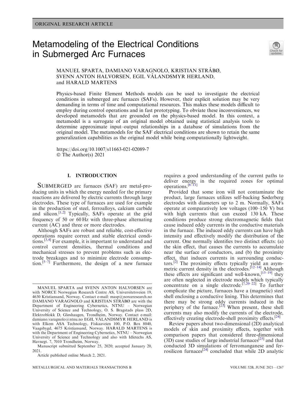 First page of Metamodeling of the Electrical Conditions in Submerged Arc Furnaces