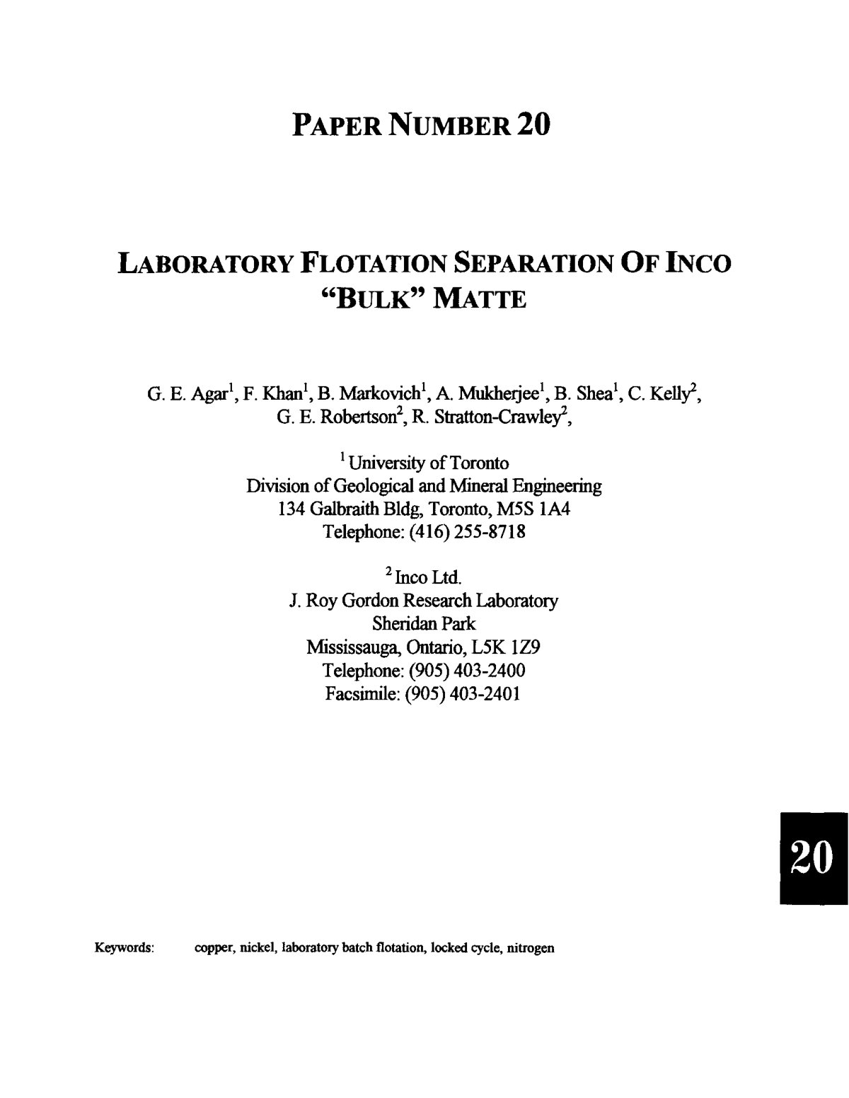 First page of Laboratory Flotation Separation of Inco 'Bulk' Matte