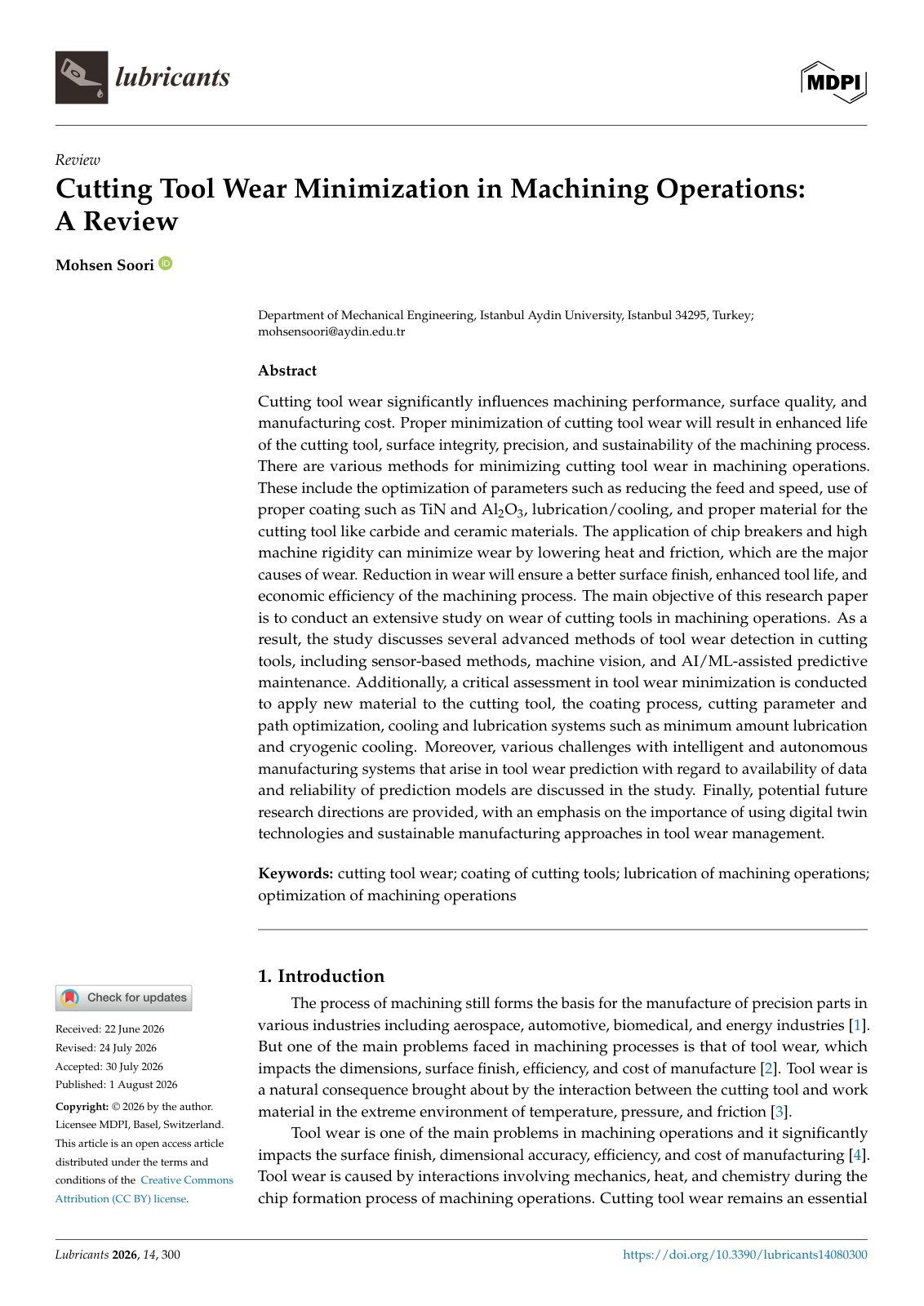 First page of Cutting Tool Wear Minimization in Machining Operations: A Review