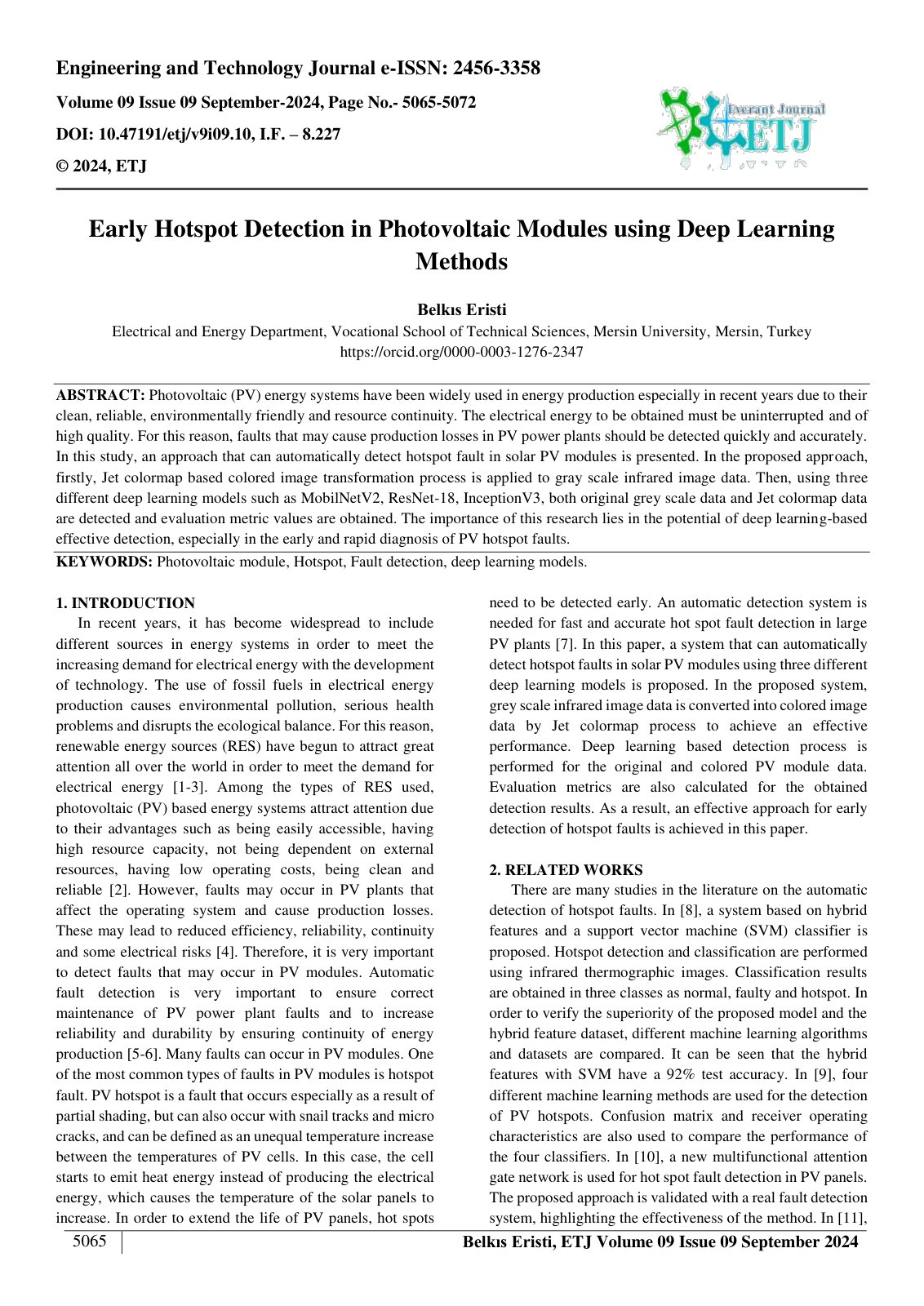 First page of Early Hotspot Detection in Photovoltaic Modules using Deep Learning 