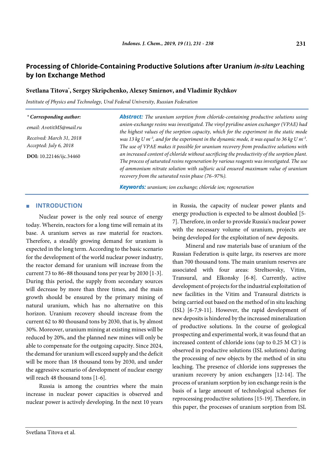 First page of Processing of Chloride Containing Produc