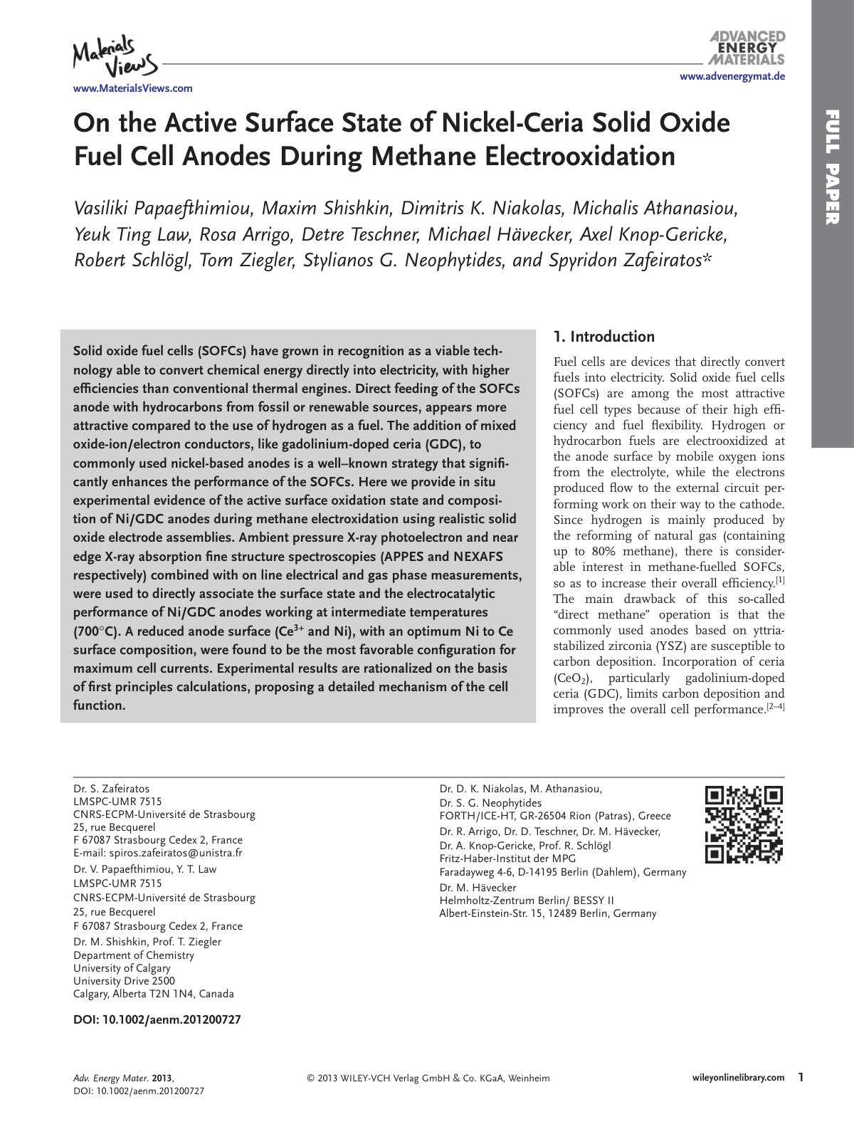 First page of On the Active Surface State of Nickel-Ceria Solid Oxide Fuel Cell Anodes During Methane Electrooxidation