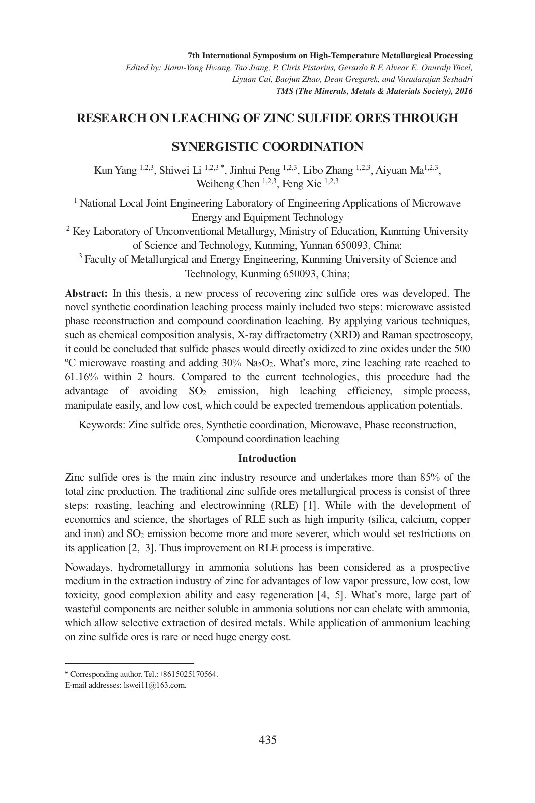 First page of Research on leaching of zinc sulfide ores through synergistic coordination