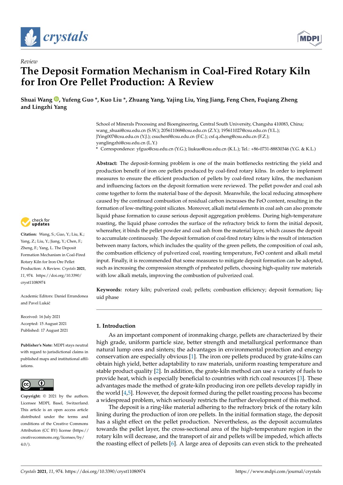 First page of 2021 Shuai Wang The Deposit Formation Mechanism in Coal Fired Rotary Kiln for Iron Ore Pellet Production A Review cryst11080974